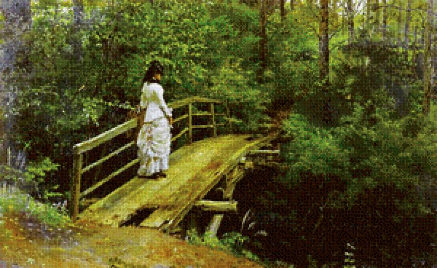 на мосту - классика, природа, пейзаж, девушка, лес, мост, живопись - предпросмотр