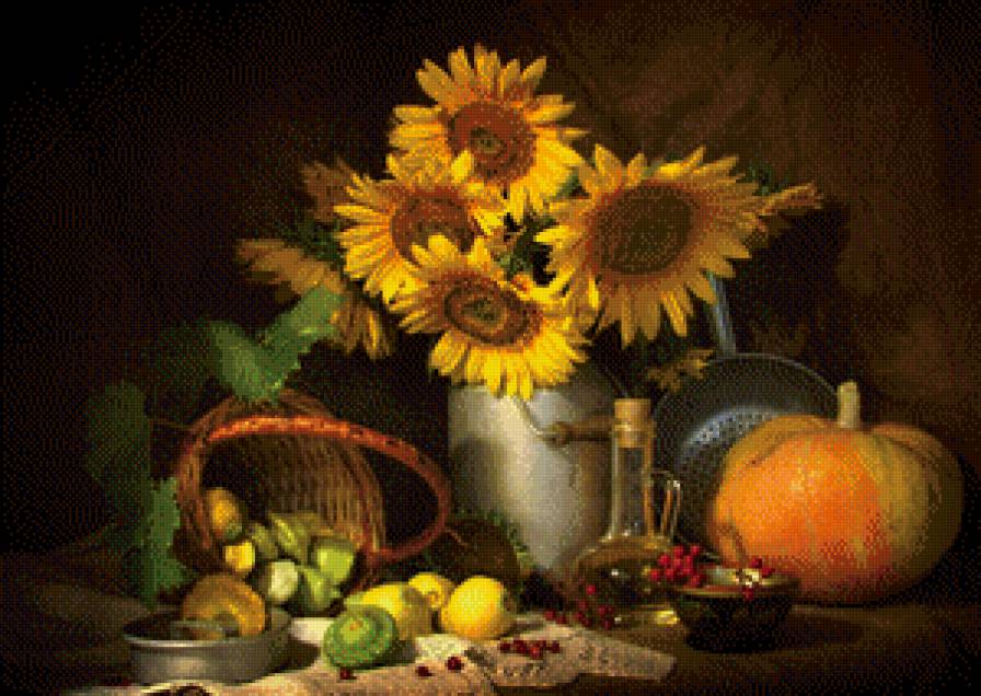 натюрморт с подсолнухами - тыква, лето, натюрморт, подсолнухи - предпросмотр