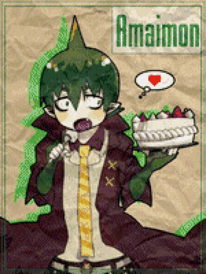 Амаймончик кушает:* - еда, торт, дьявол, демон, амаймон, сладости, синий экзорцист - предпросмотр