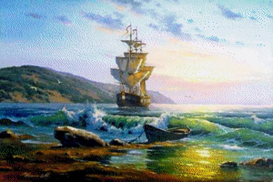 морской закат - корабль, море - предпросмотр