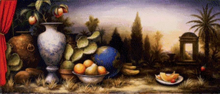 натюрморт с глобусом и кактусом - глобус, кактус, кухня, девид слоун, натюрморт, фрукты - предпросмотр