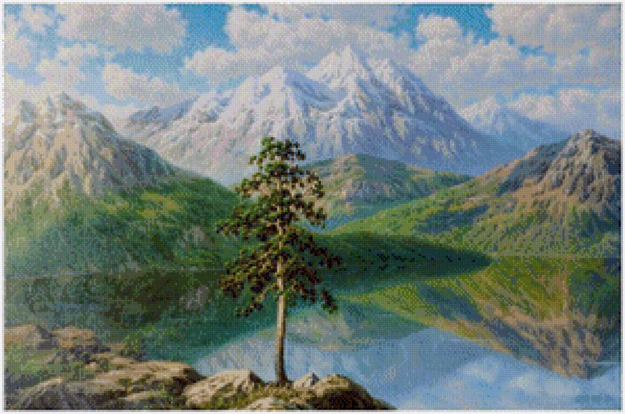 сосна на горе - горы, живопись, сосна, природа, пейзаж, озеро - предпросмотр