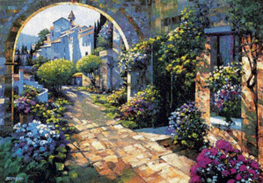 морской городок - живопись, лето, пейзаж, город - предпросмотр