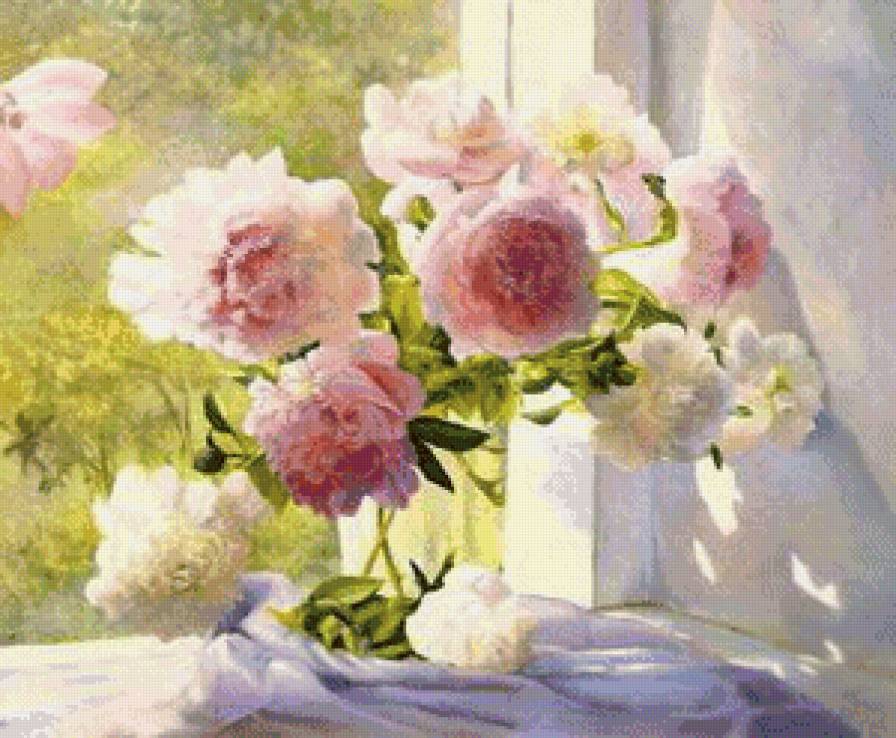 пионы на подоконнике - натюрморт, пионы, цветы, окно, ваза, природа, живопись - предпросмотр