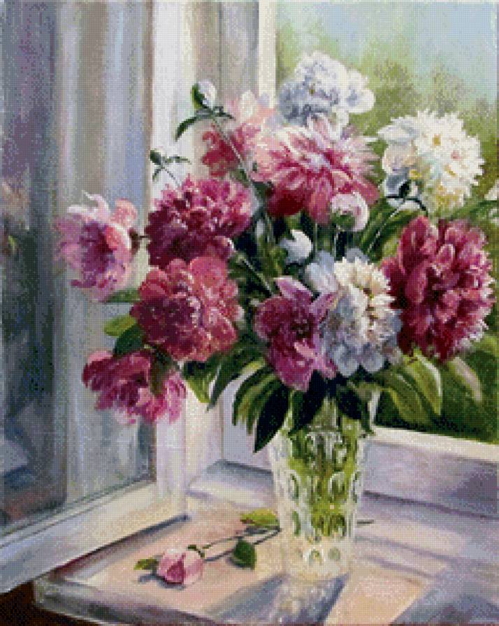 пионы на подоконнике - пионы, ваза, живопись, окно, природа, цветы, натюрморт - предпросмотр