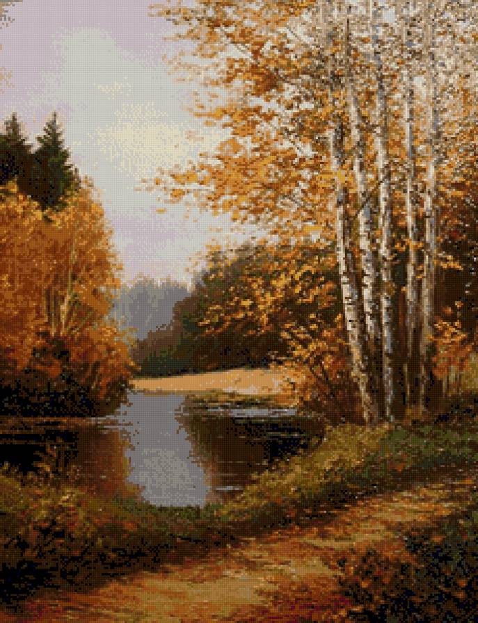 Березы в старом парке - березы, пейзаж, озеро, лес, осень - предпросмотр