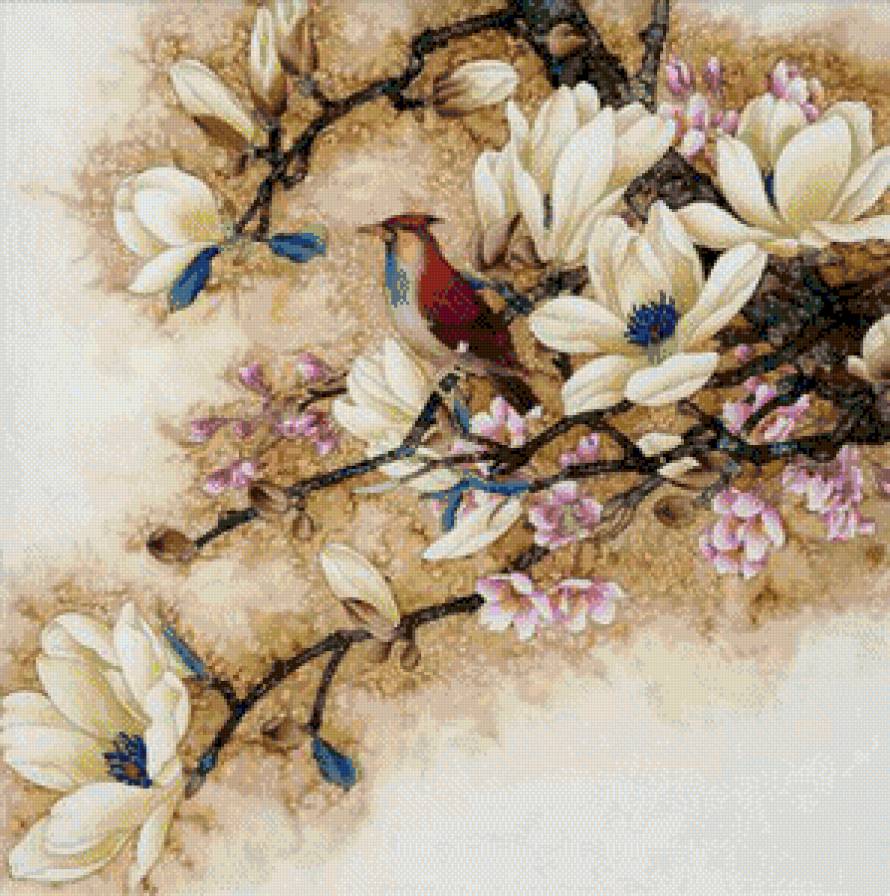 птица на ветке магнолии - магнолия, восток, ветка, нежность, весна, птица - предпросмотр