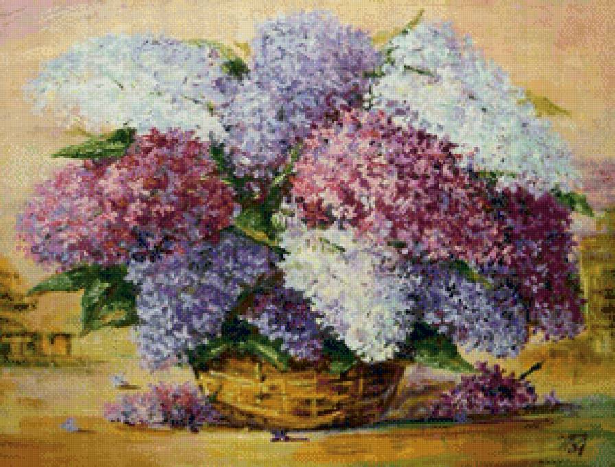 букет сирени в корзине - весна, букет, живопись, корзина, натюрморт, сирень, цветы - предпросмотр