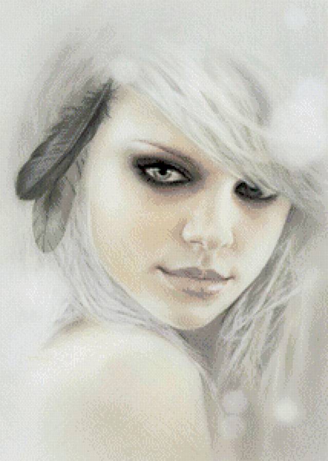 девушка с пером - перья, монохром, девушка, фэнтези - предпросмотр