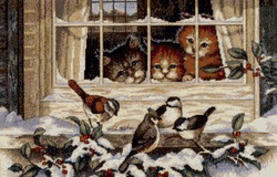 Наблюдатели - птицы, коты, окно, снег, зима, синички, животные, воробьи - предпросмотр
