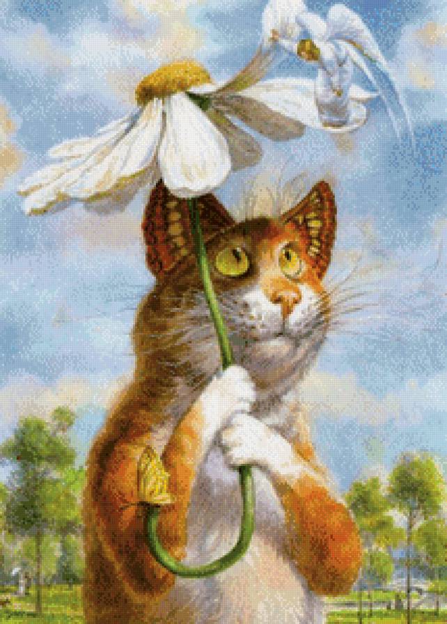 №641849 - цветы, ромашка, кот, парк, зонт, ангел, картина, природа - предпросмотр