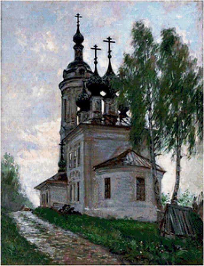 деревенская церковь - церковь, деревня, храм, природа, березы, пейзаж, живопись - предпросмотр