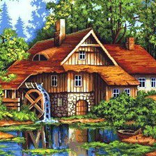 Схема вышивки «Мельница в лесу»