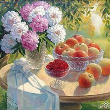 Схема вышивки «натюрморт яблоки пионы»