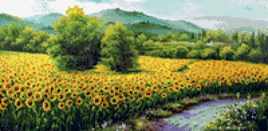поле подсолнухов - цветы, цветущее поле, подсолнухи, деревья, деревня - предпросмотр