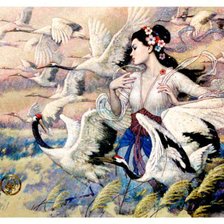 Схема вышивки «девушка и журавли»