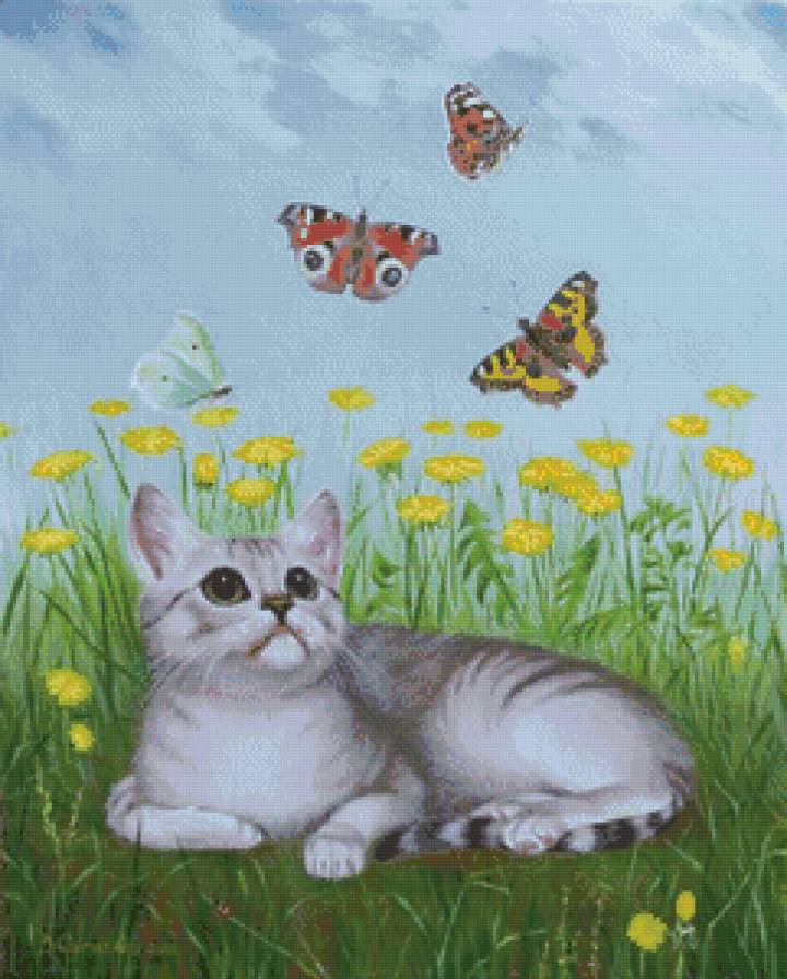 кот и бабочки - кот, природа, бабочки - предпросмотр
