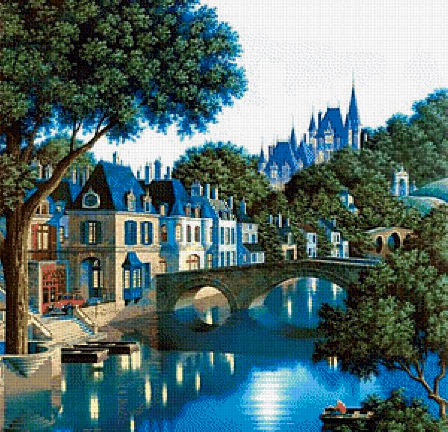 Сказочный город - город, мост, пейзаж, дома, река - предпросмотр