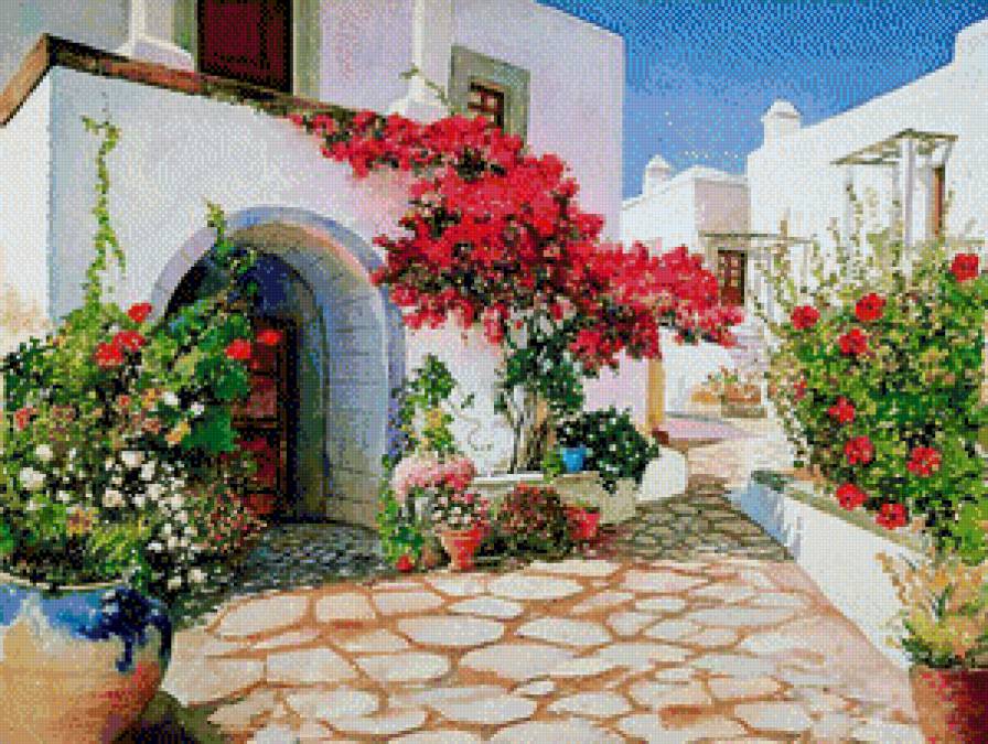 Уютный дворик. - пантелис зографос, двор, акварель, живопись, цветущий двор - предпросмотр