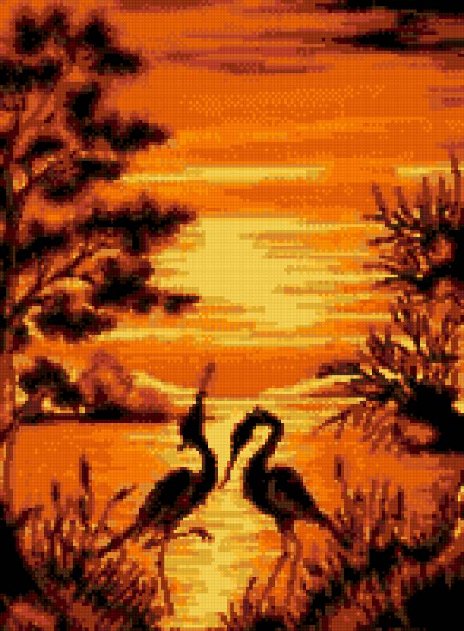 журавли на закате - птицы, закат, журавли, природа - предпросмотр