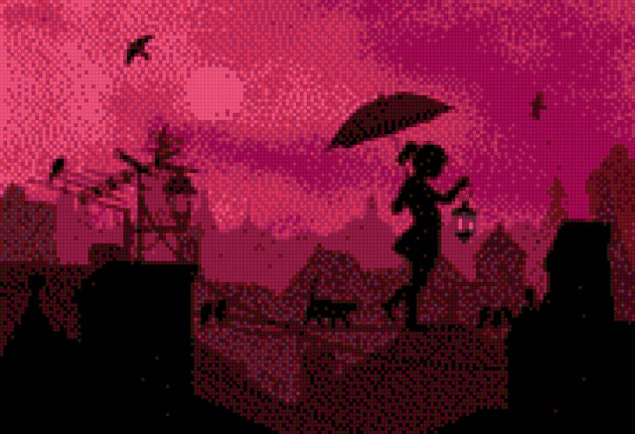 ночная прогулка - кошки, прогулка, девушка, вечер, девочка, сказка, крыша, ночь - предпросмотр