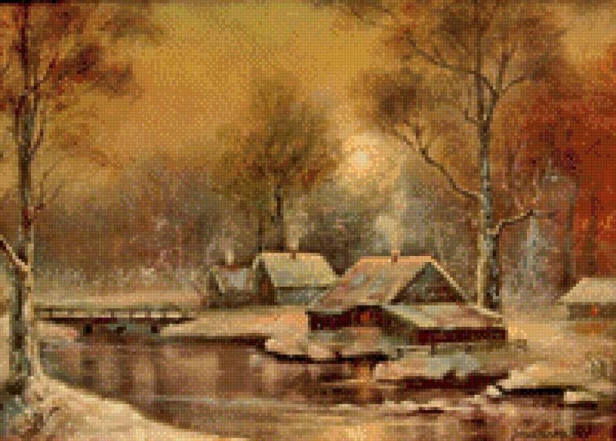 зима - дома, вода, природа, деревья - предпросмотр