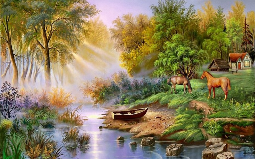 лето - вода, природа, лошади, пейзаж - оригинал