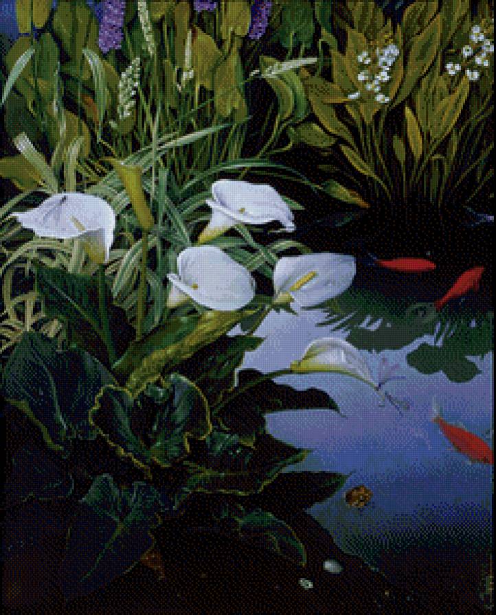 пруд с карпами - япония, живопись, пруд, карпы, природа - предпросмотр