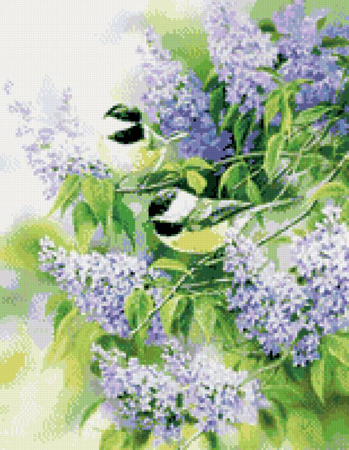 синички - сирень, ветка, птицы, парочка, листья - предпросмотр