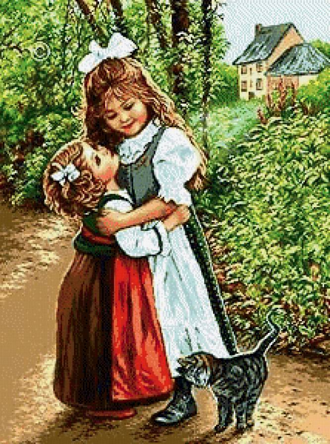 Сестры - сад, кошка, девочки - предпросмотр