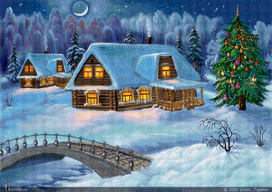 новогодний вечер - рождество, мост, зима, снег, деревня, новый год, пейзаж - предпросмотр