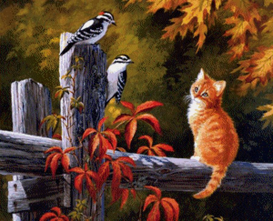 Котя и птички - живопись, кот, кошка - предпросмотр