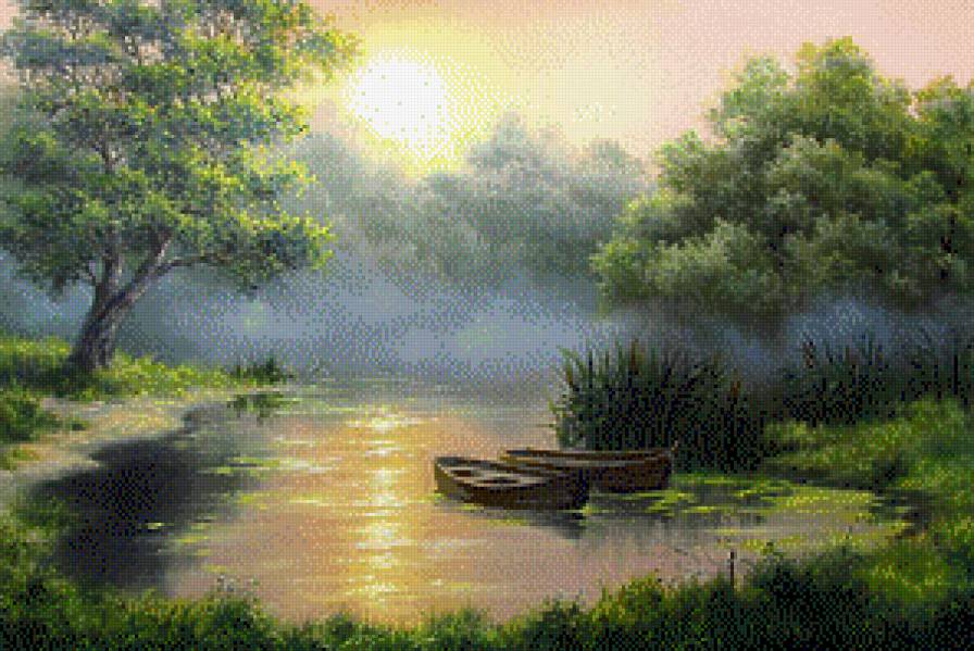 туманное утро - пейзаж, утро, туман, лодки, река - предпросмотр