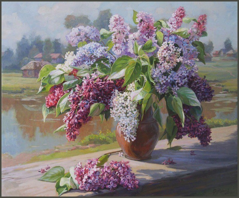 букет сирени - весна, букет, озеро, сирень, природа, живопись, пейзаж - оригинал