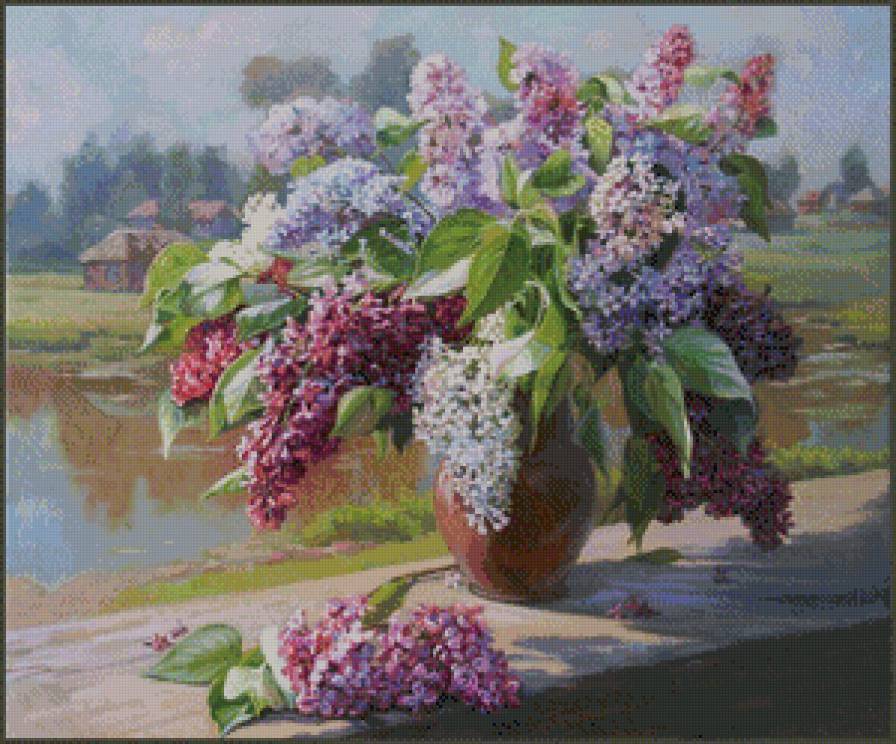 букет сирени - природа, букет, озеро, пейзаж, сирень, живопись, весна - предпросмотр