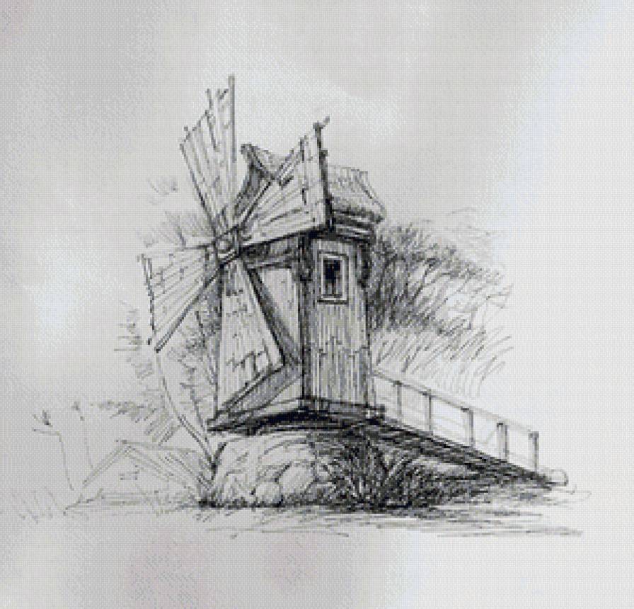 Мельница - черно-белое, мельница, графика - предпросмотр