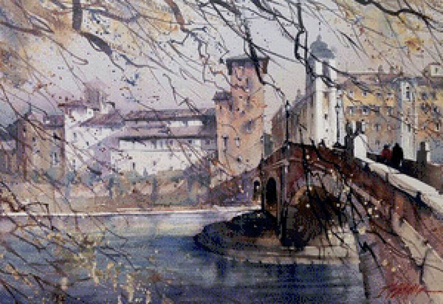 городской пейзаж - город, пейзаж, живопись, лето, мост, акварель - предпросмотр