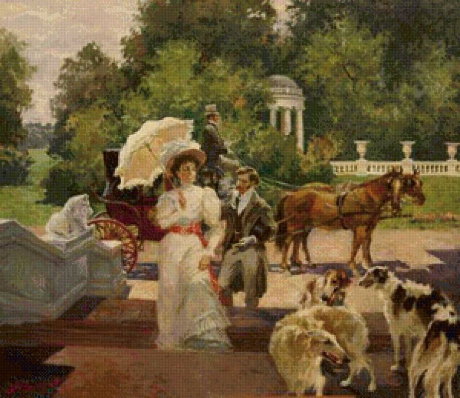 СЕРИЯ "ДВОРЯНСКАЯ УСАДЬБА". ЛЕТНЯЯ ПРОГУЛКА - зонтик, лето, усадьба, дамы, господа, собаки, чаепитие - предпросмотр