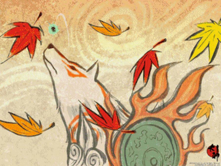 лесной дух - огонь, картина, японская, животные, клен, волк, листья, арт - предпросмотр