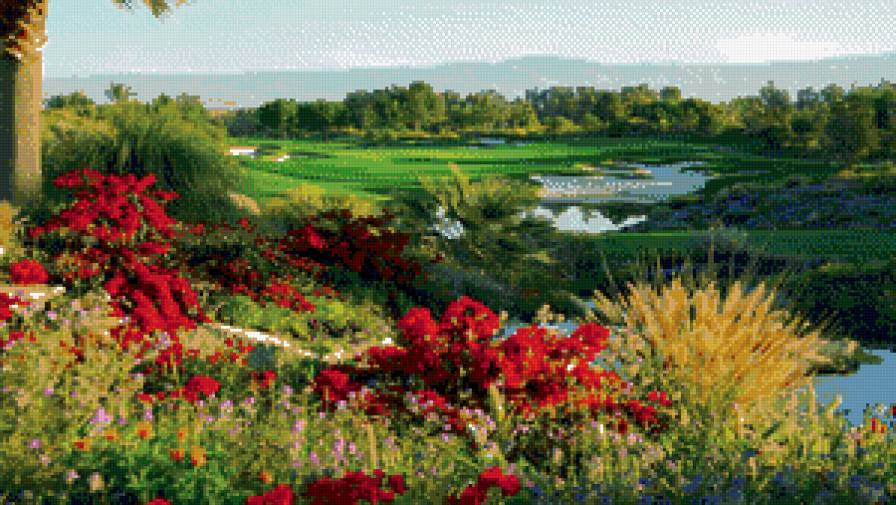 Летний пейзаж - лето, трава, цветы, пейзаж, небо, озеро - предпросмотр