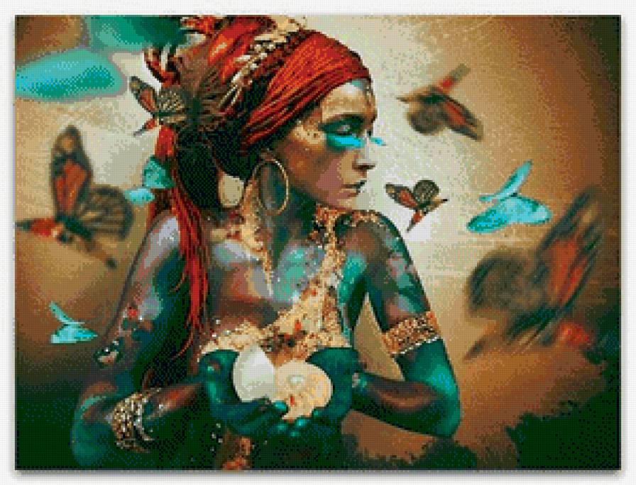 девушка с ракушкой - ракушка, девушка, бабочки, люди, картина - предпросмотр