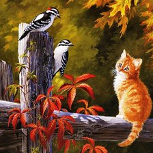 Схема вышивки «котенок и птицы»