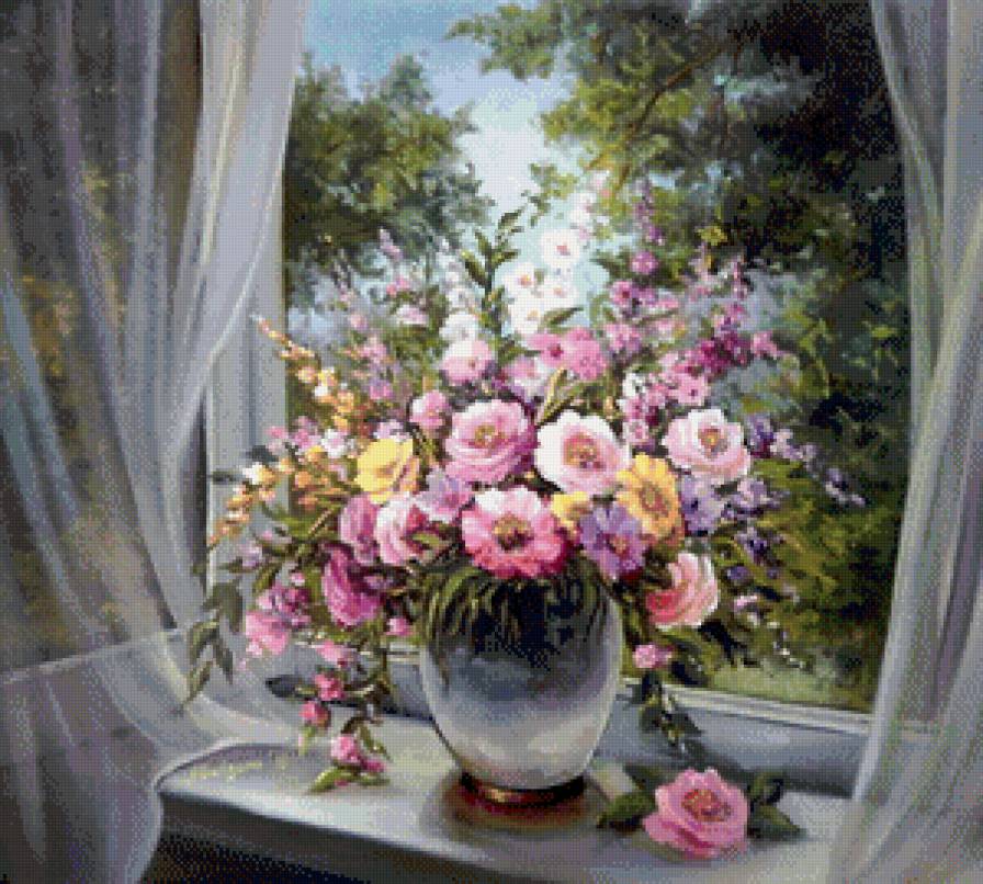 букет цветов на окне - цветы, окно, природа, живопись, букет, натюрморт, лето - предпросмотр