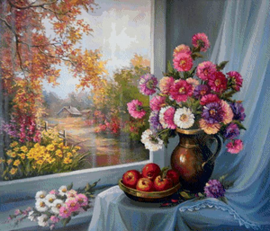 астры у окна - астры, цветы, живопись, пейзаж, окно, осень, букет - предпросмотр