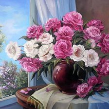 Схема вышивки «пионы на окне»