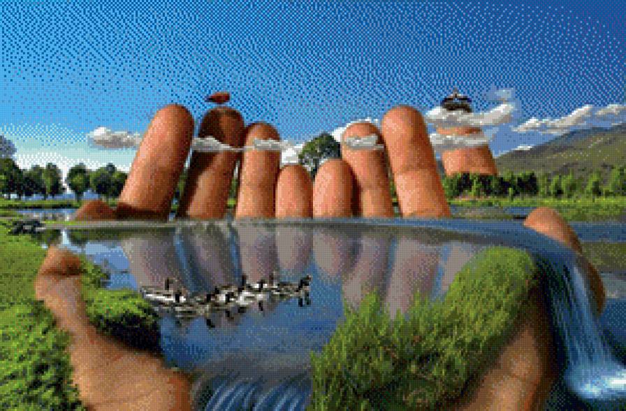 Река в руках - облака, руки, люди, вода, река, птицы, трава - предпросмотр