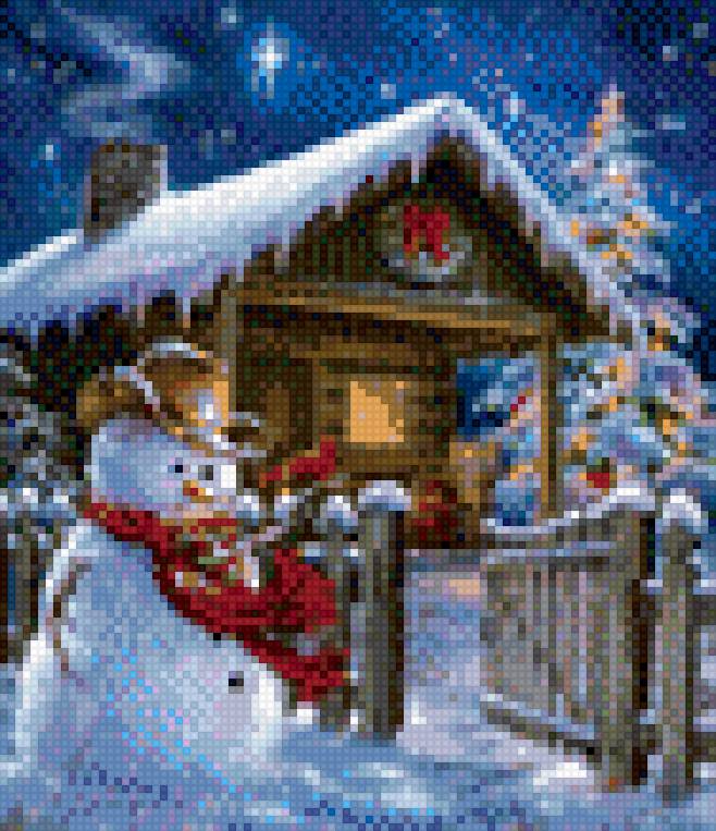 Зимний праздник - снеговик, дом, зима - предпросмотр