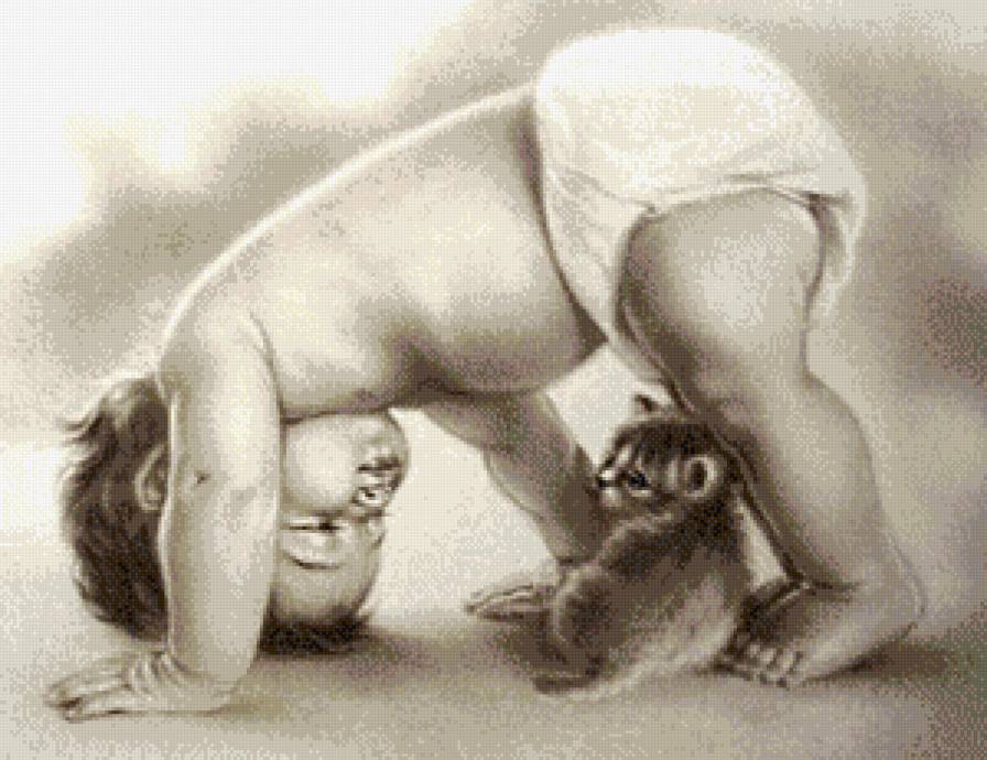 малыши монохром - дети, мальчик, чорнобелое, монохром, котенок, малыш - предпросмотр