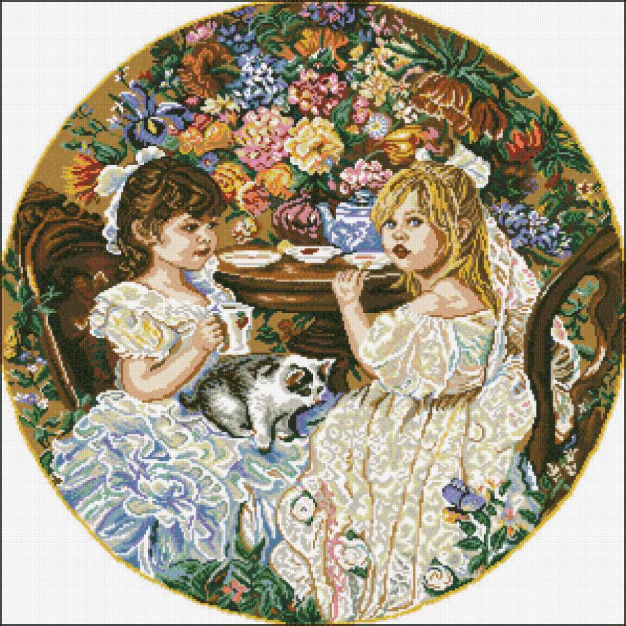 Чаепитие - кот, дети - предпросмотр