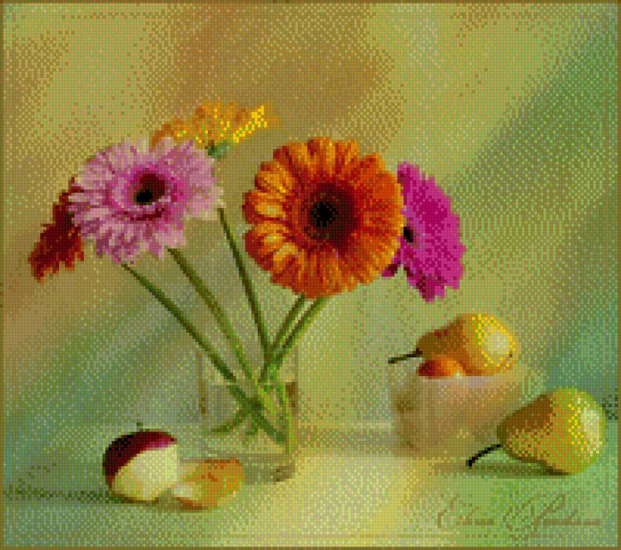 герберы - герберы, груша, натюрморт - предпросмотр